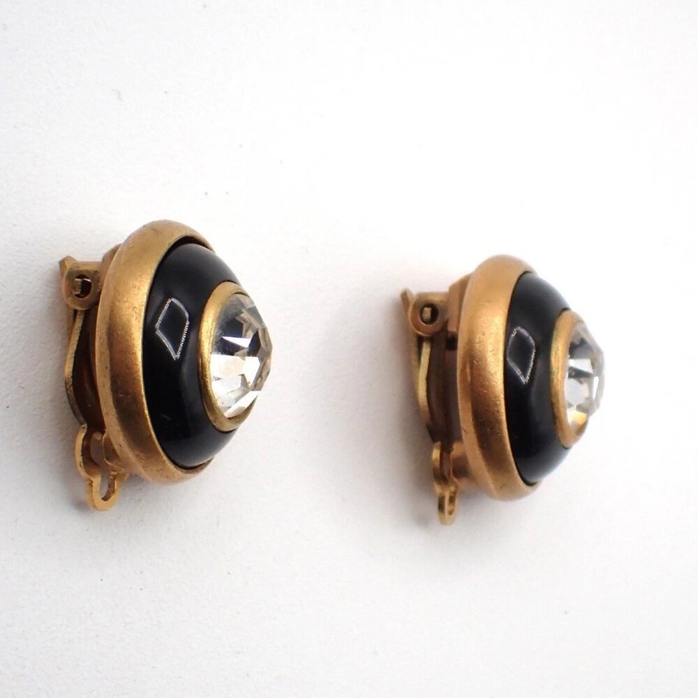 CHANEL Logo Round Button Rhinestone Earrings 94P Clip-On BK GHW Vintage 61RL667 - Picture 3 of 11